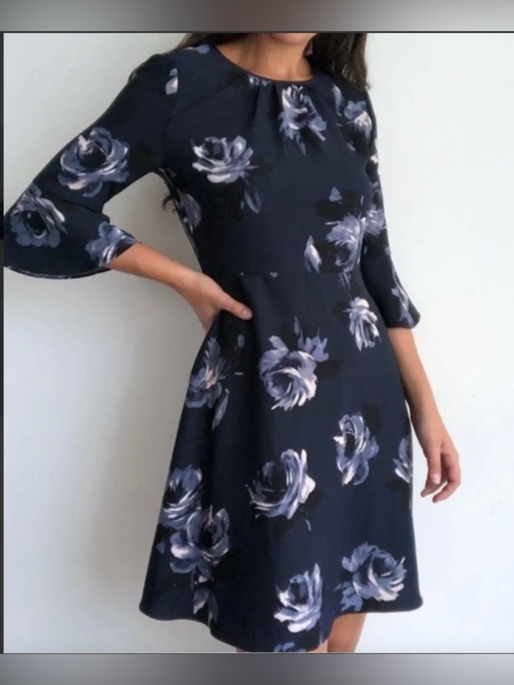 Kate Spade Night Rose Crepe Bell Sleeve Dress